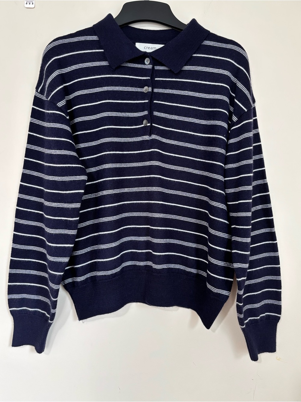 Cream Women's Oversize Preppy Heritage Navy White Striped Crop Knit Polo Sweater